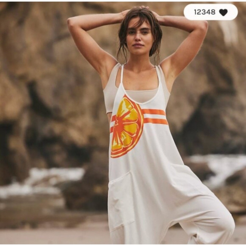 Free People Movement Hot Shot Citrus Jumpsuit White Orange Fruit Harem NWT XS - Picture 2 of 9